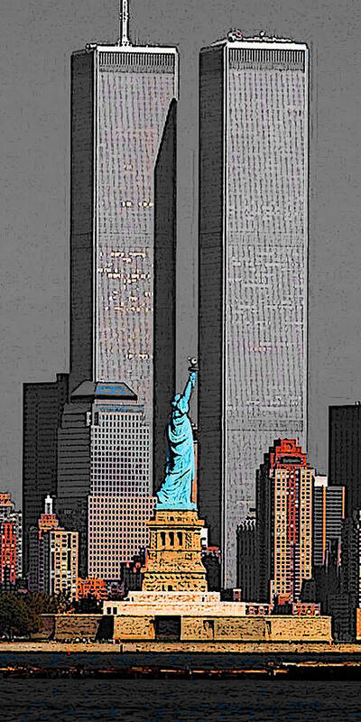 New+york Poster featuring the drawing New York 911 Memory - Twin Towers and Statue of Liberty by Peter Potter