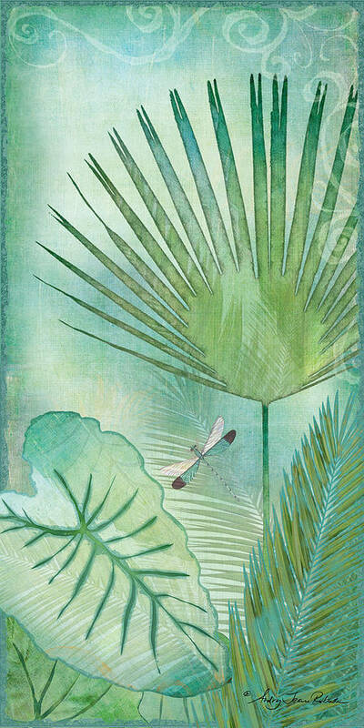 Jungle Poster featuring the painting Rainforest Tropical - Elephant Ear and Fan Palm Leaves w Botanical Dragonfly by Audrey Jeanne Roberts