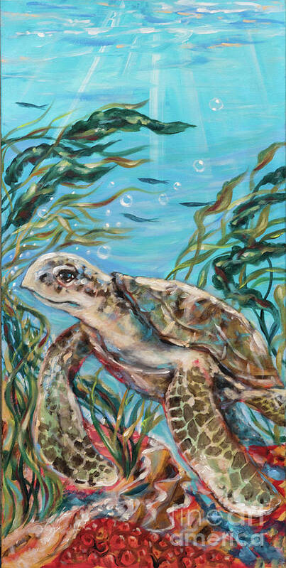 Sea Turtle Poster featuring the painting Sea Turtle and Red Coral by Linda Olsen
