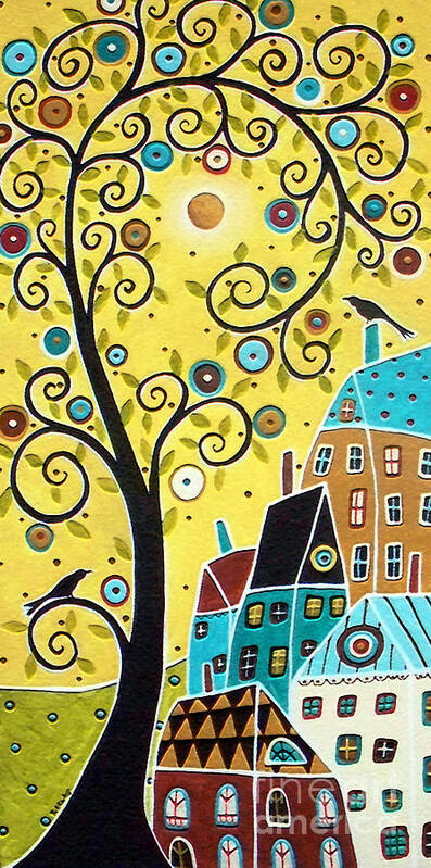 Landscape Poster featuring the painting Swirl Tree Two BIrds And Houses by Karla Gerard