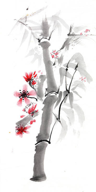 Bamboo Ink Chinese Painting Red Flowers Poster featuring the painting Bamboo by Gloria Newlan