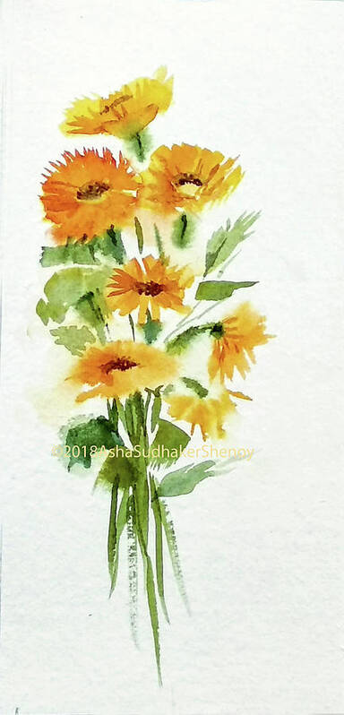 Yellow Flowers Poster featuring the painting Floral art by Asha Sudhaker Shenoy