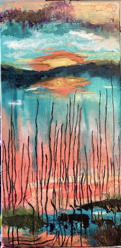 Water Poster featuring the painting Reeds at sunset by Laura Jaffe