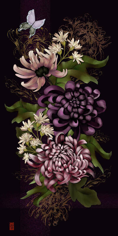 Chinoiserie Poster featuring the digital art Chrysanthemums and Butterfly Modern Chinoiserie dark purple by Sand And Chi