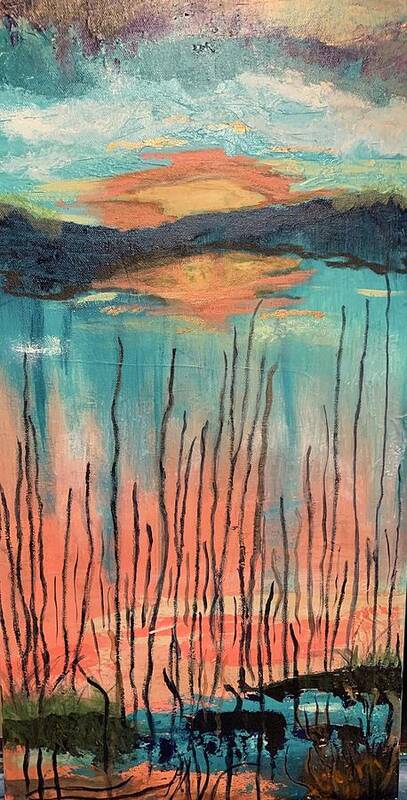 Sunset Poster featuring the painting Reeds At Sunset #1 by Laura Jaffe