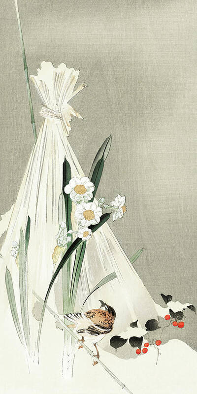 Bird Poster featuring the painting A bird with narcissus flowers and a hay bundle by Ohara Koson