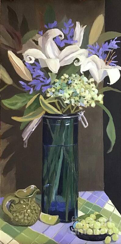 Lily Poster featuring the painting Blue Glass Canister with Lillies by Anne Marie Brown