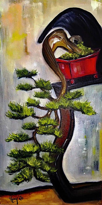 Bonsai Tree Poster featuring the painting Cascading Bonsai on a Modern Stand by Roxy Rich