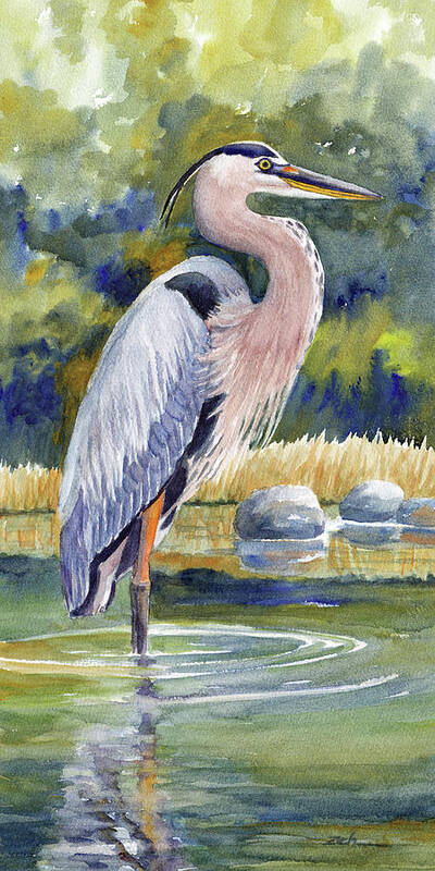 Heron Poster featuring the painting Great Blue Heron in a Stream II by Janet Zeh