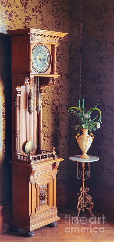 Antique Poster featuring the photograph Old fashioned grandfather clock and antique vase by Mendelex Photography