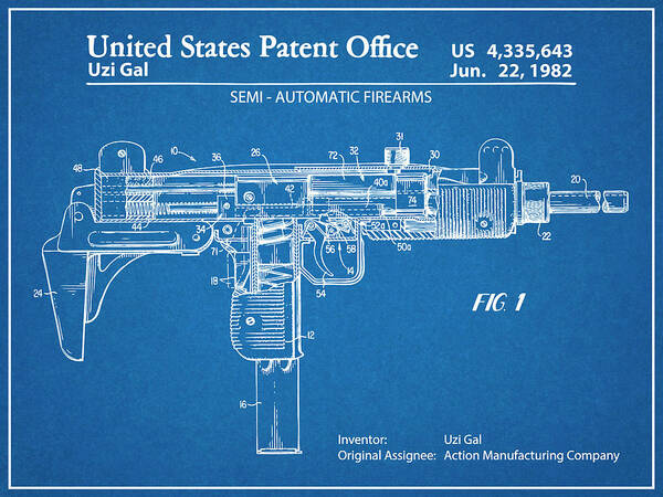 1982 Uzi Submachine Gun Blueprint Patent Print by Greg Edwards