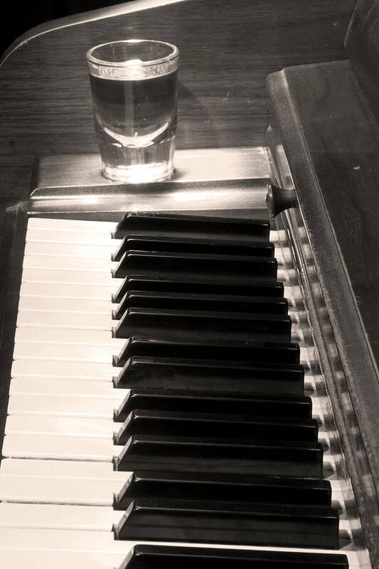 Piano Poster featuring the photograph A shot of Bourbon Whiskey and The BW Piano Ivory Keys in Sepia by James BO Insogna