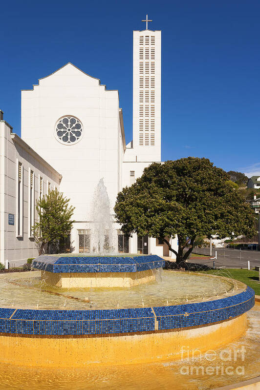 Anglican Poster featuring the photograph Cathedral and Tait Fountain Napier New Zealand #1 by Colin and Linda McKie