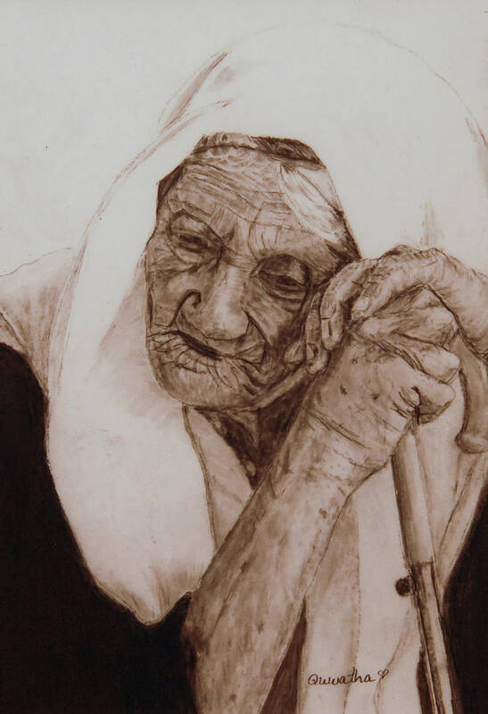 Old Woman Poster featuring the drawing Loneliness #2 by Quwatha Valentine
