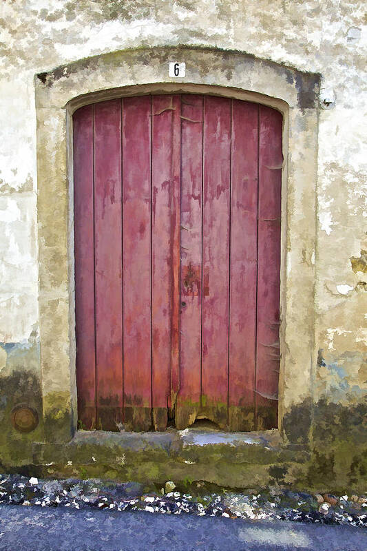 Aged Poster featuring the photograph Rustic Red Wood Door of the Medieval Village of Pombal #2 by David Letts