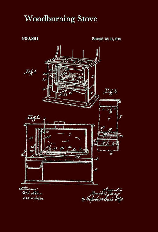 Patent Poster featuring the drawing Wood Burning Stove Patent 1908 #1 by Mountain Dreams