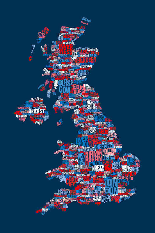 United Kingdom Poster featuring the digital art Great Britain UK City Text Map #12 by Michael Tompsett