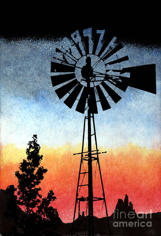 1920s 20s 1930s 30s Rural Scenes Landscapes Agriculture America Nostalgia Americana Beautiful Kansas Country Dakota Sunset Family Farm Families Farming Farms Farmland South Time Heartland Heritage Hinterland Home Homestead Place Nebraska Wyoming Montana Colorado New Mexico Texas Oklahoma Idaho Life Midwest Plains Old Rural Alberta Ranch Range Ranchland Twilight Sundown Sky Silhouette Dusk Tree Trees Ranches West Western Cattle Pasture Rock Spire Butte Ranching Water Pump Windmill Poster featuring the painting Nostalgia High Tech by R Kyllo