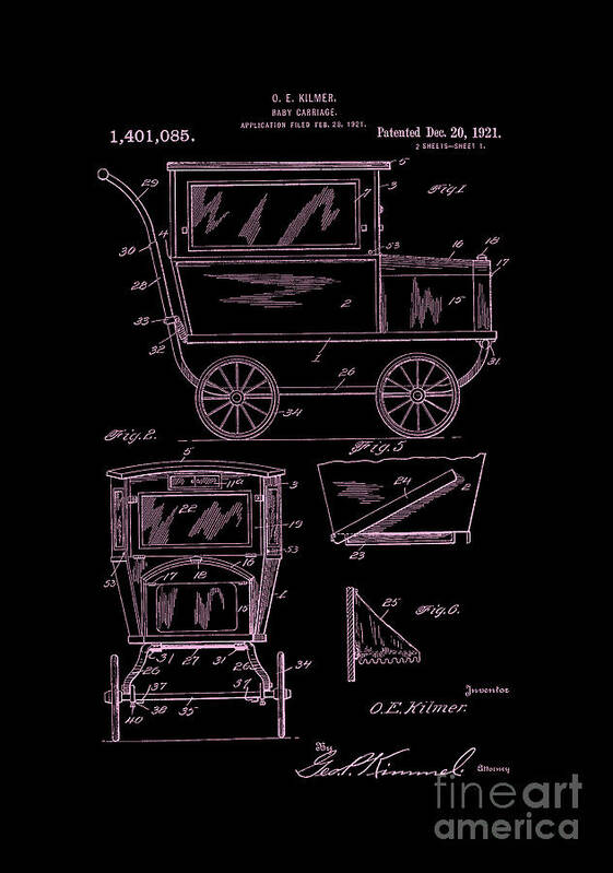 1921 Poster featuring the digital art 1921 Kilmer Patent Baby Carriage-Inverted Pink by Lesa Fine