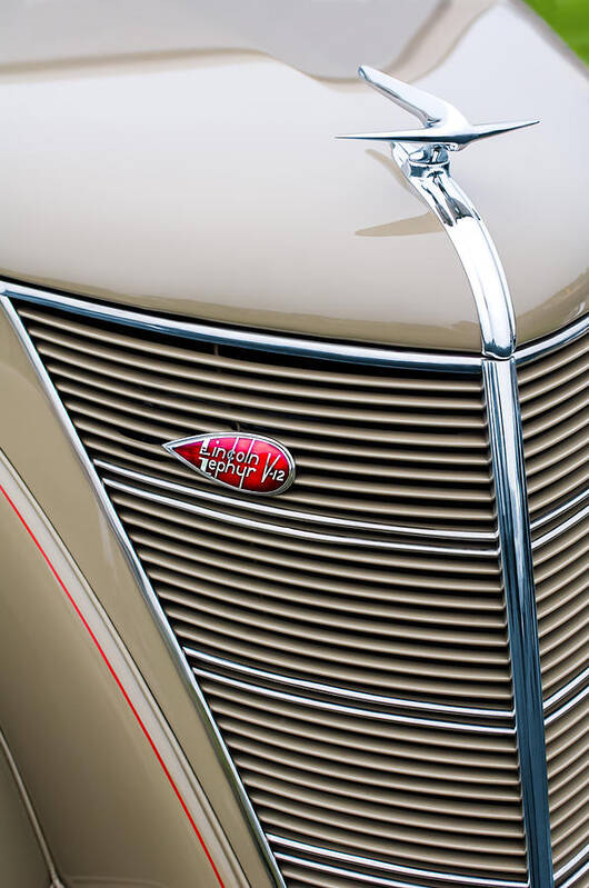 1937 Lincoln-zephyr Coupe Sedan Grille Emblem Poster featuring the photograph 1937 Lincoln-Zephyr Coupe Sedan Grille Emblem - Hood Ornament by Jill Reger