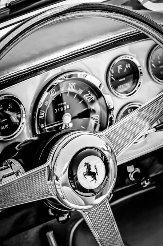 1960 Ferrari 250 Gt Cabriolet Pininfarina Series Ii Steering Wheel Emblem Poster featuring the photograph 1960 Ferrari 250 GT Cabriolet Pininfarina Series II Steering Wheel Emblem -1319bw by Jill Reger