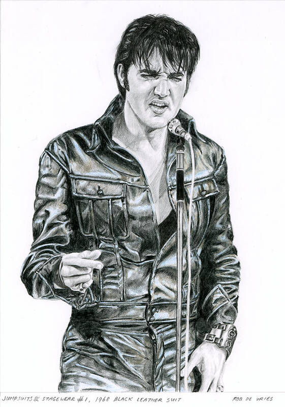 Elvis Poster featuring the drawing 1968 Black Leather suit by Rob De Vries