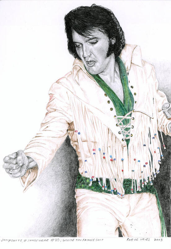 Elvis Poster featuring the drawing 1970 White Thin Fringe Suit by Rob De Vries