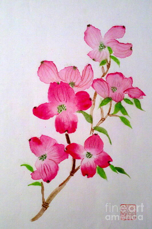 Pink Dogwood Pink Flowers Poster featuring the painting Blooming dogwood #2 by Margaret Welsh Willowsilk