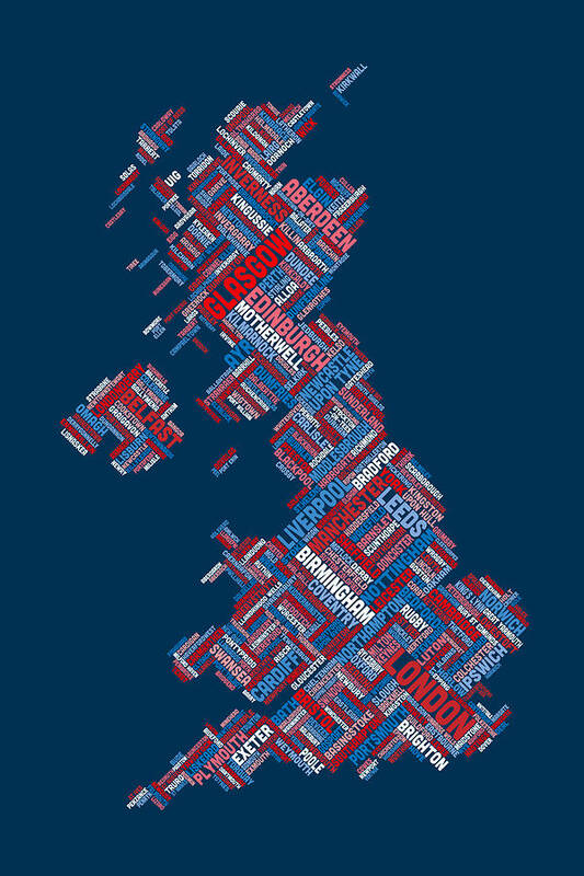 United Kingdom Poster featuring the digital art Great Britain UK City Text Map #20 by Michael Tompsett