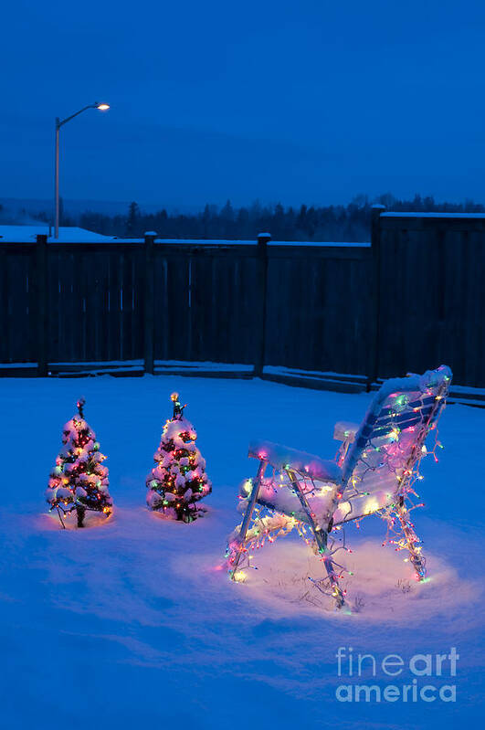 Christmas Poster featuring the photograph Christmas Lights On Trees And Lawn Chair #3 by Jim Corwin