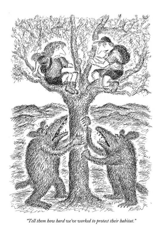 Nature Wild Animals Eko Edward Koren

(two Hikers Chased Up A Tree By Large Animals.) 122205 Poster featuring the drawing Tell Them How Hard We've Worked To Protect by Edward Koren