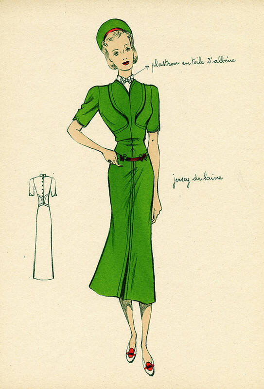 Green Poster featuring the drawing A Short Sleeved Dress, With by Mary Evans Picture Library