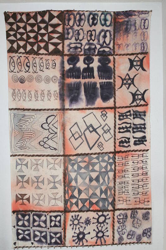 African Adinkra Tribal Cloth With Spiritual Symbols Poster featuring the mixed media Adinkra Cloth with Bells by Carrie Maurer