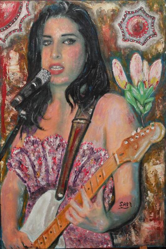 Amy Poster featuring the painting Amy playing her guitar by Sam Shaker