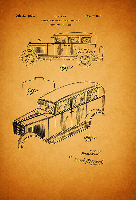 Patent Poster featuring the drawing Antique Automobile and Hood Patent 1929 by Mountain Dreams