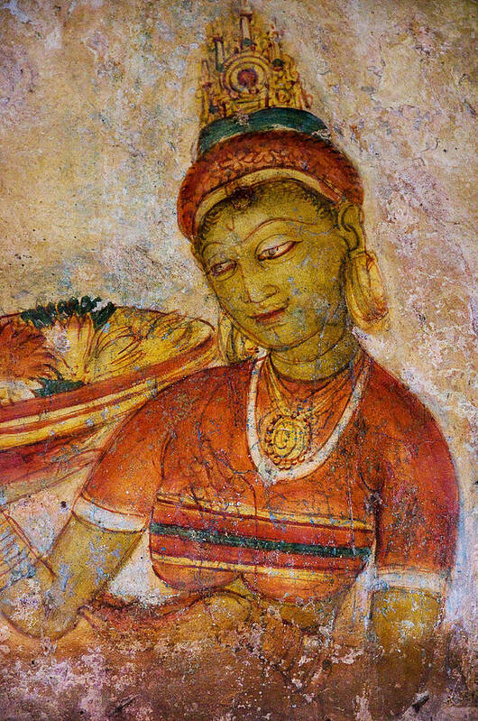 Sri Lanka Poster featuring the photograph Apsara with Flowers. Sigiriya Cave Painting by Jenny Rainbow
