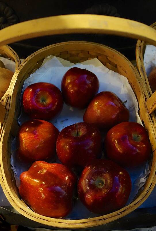Image Of Eight Red Apples In A Wicker Basket Poster featuring the photograph Basket of Red Apples by Joan Reese