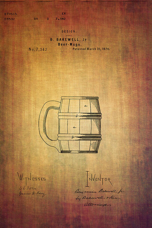 Patent Poster featuring the digital art Beer mug patent B.Bakewell from 1874 by Eti Reid