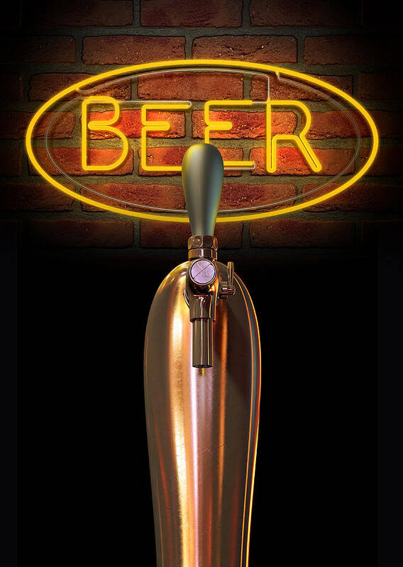 Alcohol Poster featuring the digital art Beer Tap Single With Neon Sign by Allan Swart