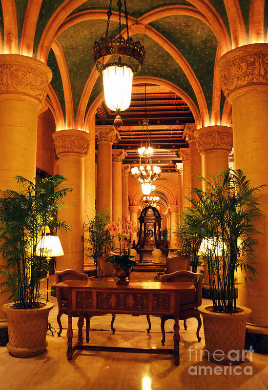 Travelpixpro South Florida Poster featuring the photograph Biltmore Hotel Vintage Lobby Coral Gables Miami Florida Arches and Columns by Shawn O'Brien