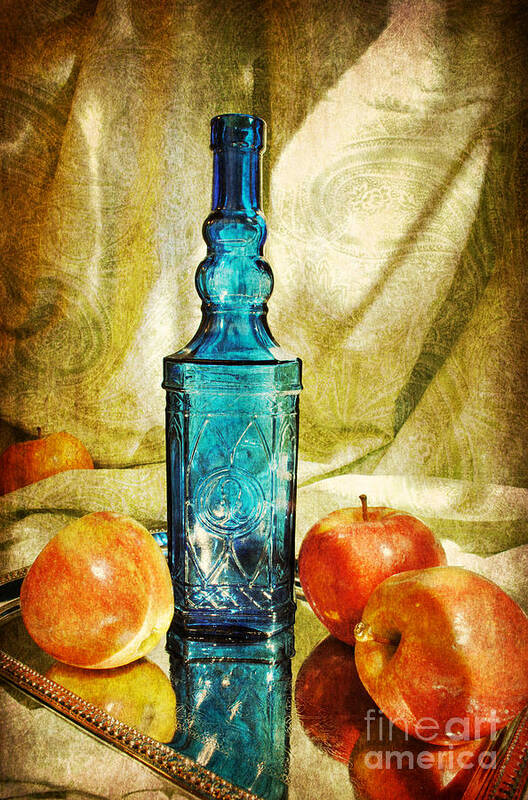 Bottle Poster featuring the photograph Blue Bottle with Apples by Kelly Nowak