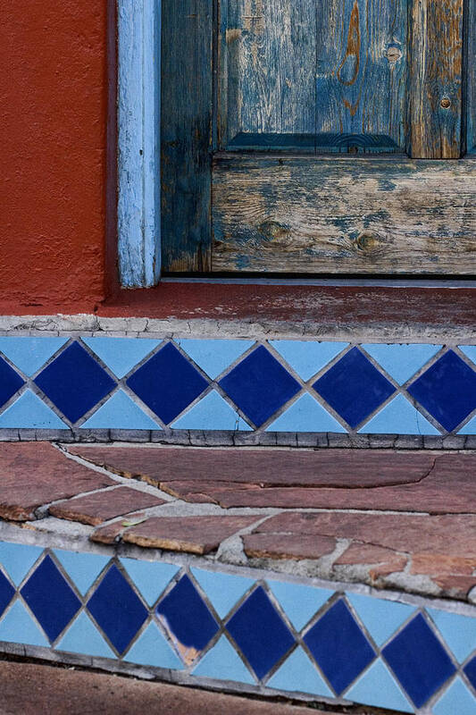 Blue Poster featuring the photograph Blue Door Colorful Steps Santa Fe by Carol Leigh