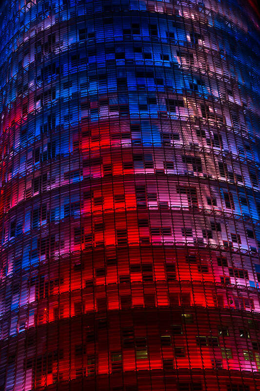 Agbar Tower Poster featuring the photograph Bright Blue Red and Pink Illumination - Agbar Tower Barcelona by Georgia Mizuleva