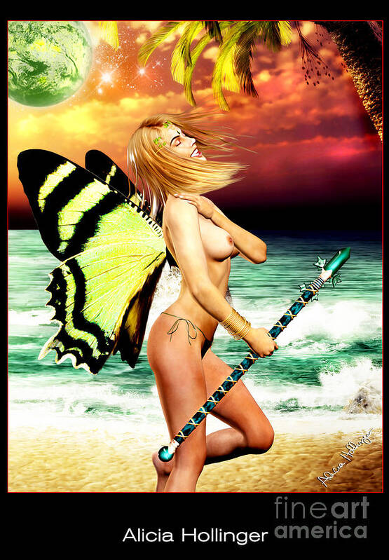 Pin-up Poster featuring the mixed media Butterfly Fairy on the Beach Topless by Alicia Hollinger