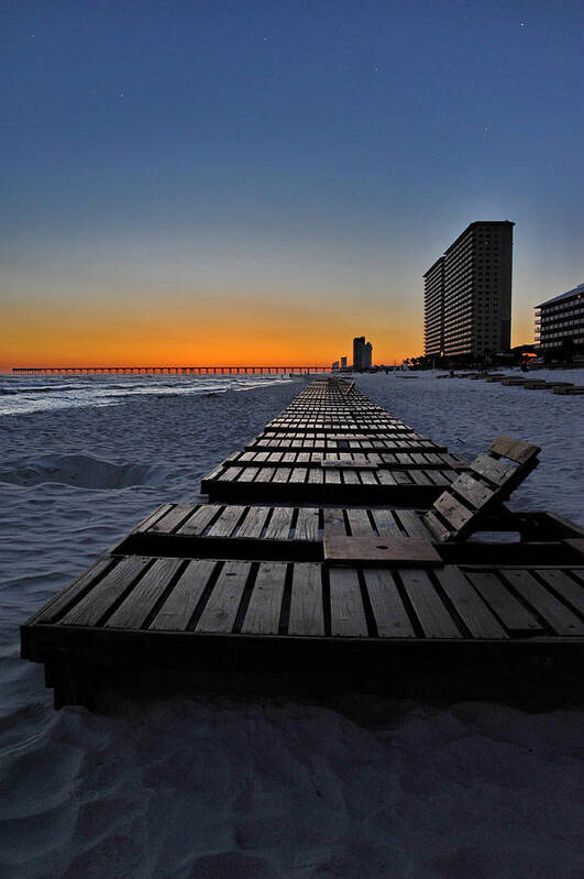 Beach Poster featuring the photograph Chairs At Sunset by Ron Weathers