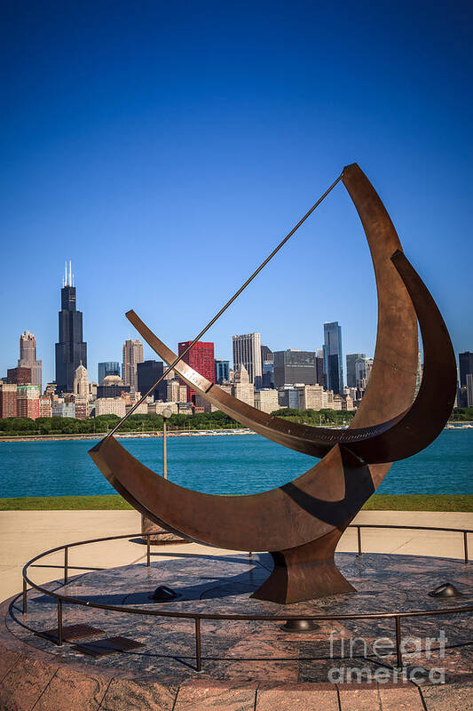 Adler Poster featuring the photograph Chicago Adler Planetarium Sundial and Chicago Skyline by Paul Velgos