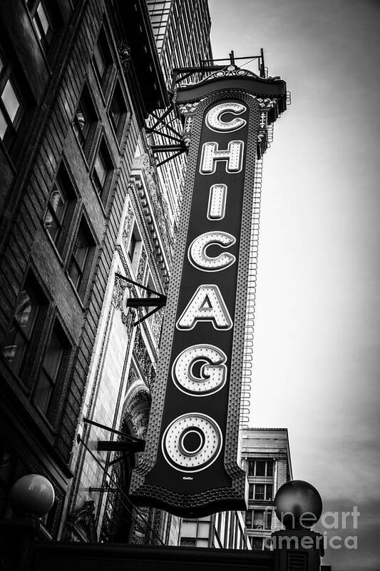 America Poster featuring the photograph Chicago Theatre Sign in Black and White by Paul Velgos