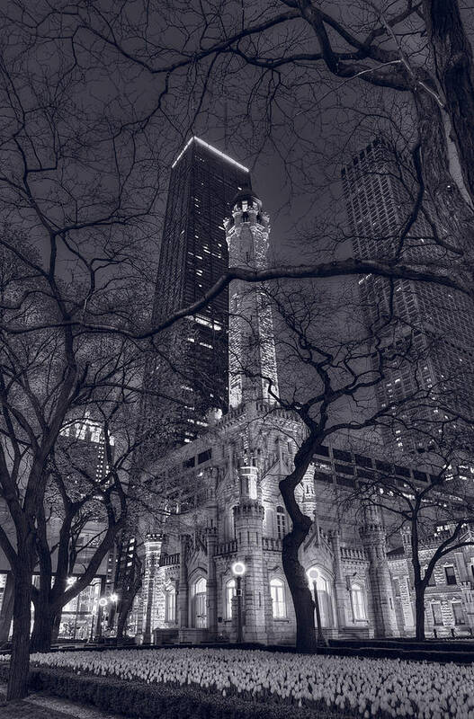 Water Poster featuring the photograph Chicago Water Tower Dusk B W by Steve Gadomski