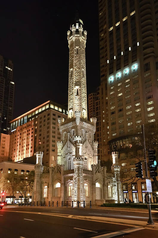 Tranquility Poster featuring the photograph Chicago Water Tower Illuminated At Night by Sir Francis Canker Photography