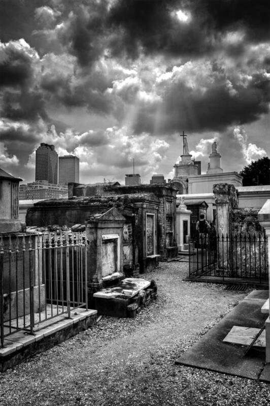 Path Poster featuring the photograph Cloudy Day at St. Louis Cemetery in Black and White by Greg and Chrystal Mimbs